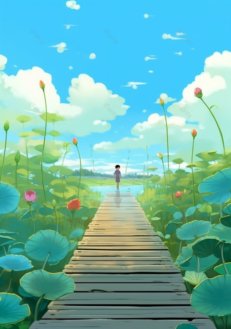 蓝天白云夏天荷塘人物插画背景,插画/手绘图,插画/手绘图库,插画/手绘图下载,插画/手绘